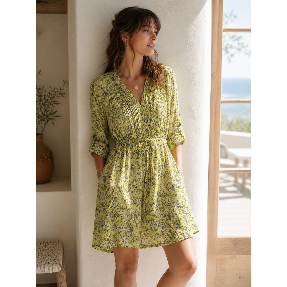 Anthro Maeve Galen Floral Dress Yellow Blue Boho Mini Sz S Pockets Sheer Coastal - Picture 2 of 16